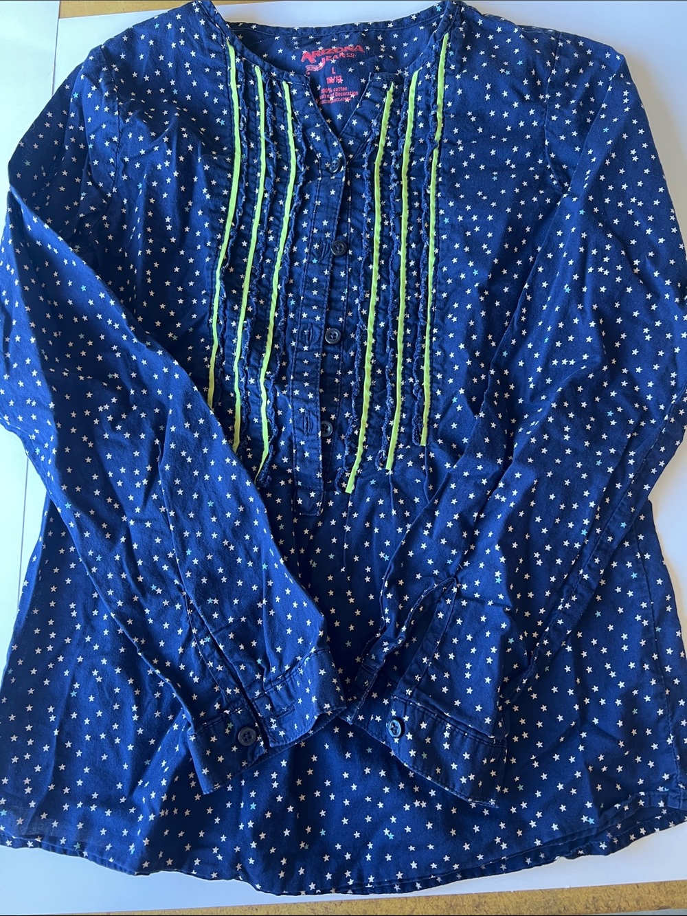 Girls Arizona Jean Company Navy Star Print Long Sleeve Top with Neon Green Trim